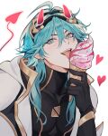  0nashiro 1boy androgynous aqua_eyes aqua_hair arena_of_valor black_shirt demon_horns demon_tail drawn_horns drawn_tail earrings freckles heart highres horns jacket jewelry laville_(arena_of_valor) long_sleeves male_focus multicolored_hair open_mouth shirt solo tail teeth tongue tongue_out white_background white_jacket 