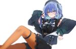  1girl absurdres belt black_skirt blue_eyes blue_hair blue_jacket closed_mouth colored_inner_hair earrings feet_out_of_frame grey_headwear hair_between_eyes hair_ribbon hand_up hat highres hololive hoshimachi_suisei hoshimachi_suisei_(3rd_costume) invisible_chair jacket jewelry knee_up legs light_smile long_hair long_sleeves looking_at_viewer multicolored_hair off_shoulder one_side_up open_clothes open_jacket orange_pantyhose pantyhose ribbon sidelocks simple_background sitting skirt smug solo star_(symbol) star_in_eye symbol_in_eye thigh_strap virtual_youtuber white_background yuzuyukiha 