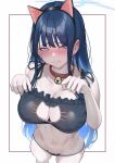  1girl absurdres animal_collar animal_ears bad_anatomy bad_leg bell black_bra black_hair black_panties blue_archive blue_eyes blue_hair blue_halo blush bra breasts cat_cutout cat_ears cat_lingerie closed_mouth clothing_cutout collar collarbone colored_inner_hair ear_blush fake_animal_ears from_above halo highres jingle_bell large_breasts long_hair looking_at_viewer meme_attire multicolored_hair navel panties saori_(blue_archive) skysign_ft solo underwear 