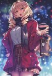  1girl absurdres blonde_hair blue_eyes blush breasts buttons coat fingernails gift_bag hair_ornament hairband hand_on_own_hip hanikami_kanojo highres long_hair long_sleeves looking_at_viewer medium_breasts night open_clothes open_coat open_mouth outdoors piromizu pleated_skirt scan scarf shirt shoudou_erena simple_background skirt snow snowing solo teeth upper_teeth_only winter_clothes winter_coat 