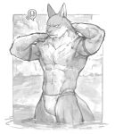  2023 abs anthro asian_clothing barazoku black_and_white canid canine canis clothed clothing east_asian_clothing exclamation_point fundoshi fundoshi_only hands_behind_head hi_res japanese_clothing lats_(muscle) looking_at_viewer male mammal monochrome muscular muscular_anthro muscular_male navel nipples outside partially_submerged pecs rpbbw solo speech_bubble underwear underwear_only wet wet_body wolf 