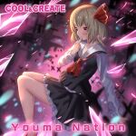  1girl album_cover ame_sagari bad_source barefoot black_skirt black_vest blonde_hair bug butterfly collared_shirt cool&amp;create cover crystal dark_background english_text finger_to_own_chin floating frilled_skirt frilled_sleeves frills hair_ribbon long_sleeves necktie non-web_source official_art pink_background red_eyes red_necktie red_ribbon ribbon rumia shirt short_hair skirt skirt_set source_request touhou touhou_cannonball upside-down_world vest white_shirt 
