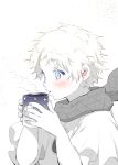  1boy blowing blue_eyes blush bright_pupils coffee_mug cup eyelashes fate/grand_order fate_(series) fingernails fuji_cak holding holding_cup male_focus mug open_mouth scarf short_hair short_sleeves solo steam upper_body voyager_(fate) white_pupils 