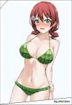  1girl absurdres bikini blue_eyes blush braid breasts brown_hair commentary_request emma_verde flower frilled_bikini frills green_bikini hair_flower hair_ornament highres large_breasts long_hair looking_at_viewer love_live! love_live!_nijigasaki_high_school_idol_club low_twintails medium_hair nose_blush official_alternate_costume simple_background solo sterben_(sterben_dead) swimsuit twin_braids twintails white_background 