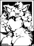  anthro black_and_white chest_tuft claws eyes_closed fish_hook fur hook male mammal monochrome navel o-kemono open_mouth solo tuft 