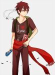  1boy backpack bad_id bad_pixiv_id bag black_eyes black_shirt book brown_hair brown_pants character_name closed_mouth clothes_writing collarbone double-parted_bangs english_text feet_out_of_frame green_bag hachimaki hand_on_own_hip headband heart heart_print holding kagerou_project kisaragi_shintarou kuroboshi_(pokemewchan) looking_to_the_side magazine_(object) male_focus nejiri_hachimaki otaku pants pornography scarf serious shirt short_hair short_sleeves simple_background solo standing t-shirt tateyama_ayano turning_head v-neck white_background white_headband 