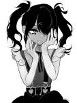  1girl absurdres ame-chan_(needy_girl_overdose) artist_name bags_under_eyes collared_shirt commentary_request crying crying_with_eyes_open greyscale hair_ornament hair_over_one_eye hair_tie hands_on_own_face hands_up highres long_hair looking_to_the_side monochrome neck_ribbon needy_girl_overdose open_mouth ribbon sad_smile shirt shirt_tucked_in simple_background skirt smile solo suspender_skirt suspenders takara_toji tears twintails white_background x_hair_ornament 