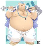 anthro belly blue_hair blush brown_body brown_fur clothing doguma-sin footwear fur gouryou hair hi_res jewelry lifewonders male mammal monk navel necklace nipples overweight rake sandals snout solo suid suina sus_(pig) tokyo_afterschool_summoners tools wild_boar 
