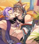  2boys animal_ears arabian_clothes bishounen brown_hair eiden_(nu_carnival) fox_boy fox_ears fox_tail gem hug jewelry kuya_(nu_carnival) licking licking_another&#039;s_face looking_at_another male_focus mole mole_under_eye multiple_boys necklace nipples nu_carnival off_shoulder official_alternate_costume one_eye_closed pectorals purple_gemstone purple_hair ryouma_(888) short_hair smile tail yaoi yellow_eyes 