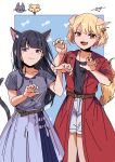  2girls animal_ear_fluff animal_ears black_hair black_shirt blonde_hair blue_background blue_skirt blunt_bangs border cat_ears cat_girl cat_tail coat collarbone commentary dog_ears dog_girl dog_tail english_commentary fang feet_out_of_frame floating_hair grey_shirt hair_between_eyes hair_ornament hairclip highres inoue_takina jewelry kemonomimi_mode long_hair looking_at_viewer lycoris_recoil multiple_girls necklace nguyen_huy nishikigi_chisato one_side_up open_clothes open_coat open_mouth paw_pose pleated_skirt purple_eyes red_coat red_eyes shadow shirt short_hair short_sleeves shorts sidelocks skin_fang skirt tail two-tone_skirt wavy_mouth white_border white_shorts 