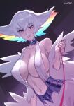  1girl absurdres bare_shoulders blush breasts colored_inner_hair covered_nipples glowing glowing_eyes grin highres holding holding_leash kill_la_kill kiryuuin_ragyou large_breasts leash long_hair mature_female multicolored_hair navel norza pov red_eyes smile solo sweat viewer_on_leash white_hair 