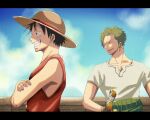  2boys black_hair cloud cloudy_sky commentary_request crossed_arms earrings green_hair haramaki hat highres jewelry katana male_focus monkey_d._luffy multiple_boys one_piece open_mouth outdoors red_shirt roronoa_zoro scar scar_on_cheek scar_on_face shirt short_hair short_sleeves single_earring sky sleeveless smile straw_hat suzu_(suzuran_piece) sword teeth weapon 