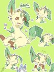  &gt;_&lt; blush brown_eyes character_name closed_eyes closed_mouth commentary_request green_background highres iie_efg leafeon no_humans open_mouth outline pokemon pokemon_(creature) sitting sweat sylveon tearing_up tongue 