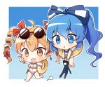  2girls ahoge bangle bare_arms bare_legs bare_shoulders barefoot bikini blue_bow blue_eyes blue_hair blue_one-piece_swimsuit blush bow bracelet brown_eyes drill_hair eyewear_on_head hair_between_eyes hair_bow highres index_finger_raised innertube jewelry light_brown_hair long_hair multiple_girls navel one-piece_swimsuit open_mouth pointing round_eyewear smile stuffed_animal stuffed_cat stuffed_toy sunglasses sweetpotatojelly swimsuit touhou twin_drills twintails white_bikini yorigami_jo&#039;on yorigami_shion 