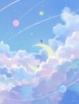  1girl above_clouds absurdres artist_name cloud commentary_request crescent_moon dress facing_away from_behind highres long_hair moon night night_sky on_crescent orbital_path original outdoors pink_hair planet short_sleeves signature sitting sky solo star_(sky) starry_sky white_dress wide_shot yuzuki_kino 