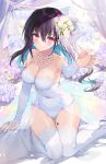  1girl bangs bare_shoulders black_hair blue_hair blurry blurry_background breasts bridal_gauntlets cleavage closed_mouth collarbone covered_navel curtains depth_of_field floral_background flower hair_between_eyes hair_flower hair_ornament hand_up jewelry kurenai_akane leotard long_hair looking_at_viewer medium_breasts mole mole_under_eye multicolored_hair necklace pearl_necklace project-sp purple_flower red_eyes rose satsuki_misuzu shoes sitting smile solo strapless strapless_leotard thighhighs two-tone_hair wariza white_flower white_footwear white_leotard white_rose white_thighhighs 