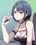  1girl arm_belt black_camisole black_choker blue_hair breasts camisole chair choker diamond-shaped_pupils diamond_(shape) elbow_rest electronic_cigarette highres keikesu koshimizu_toru koshimizu_toru_(1st_costume) medium_breasts mole mole_under_eye nijisanji purple_eyes purple_nails short_hair sitting solo symbol-shaped_pupils triangle_hair_ornament virtual_youtuber 