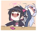  2girls absurdres ahoge anger_vein animal_ears annoyed b.t._(boob_tong) black_coat black_hair black_jacket blue_archive blunt_bangs cat_ears cat_girl cellphone chibi coat colored_inner_hair commentary_request hair_between_eyes hair_ornament hairclip halo highres holding holding_ears hood hooded_jacket jacket kazusa_(blue_archive) long_hair looking_at_another low_twintails multicolored_hair multiple_girls open_clothes open_coat open_jacket phone pleated_skirt pulling purple_eyes red_eyes reisa_(blue_archive) school_uniform serafuku short_hair sidelocks simple_background skirt smartphone spoken_expression star_(symbol) star_hair_ornament twintails two-tone_hair 