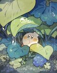  1other :o blue_eyes blueberry blush_stickers clover commentary dew_drop food fruit grass hand_on_own_face harukui highres kirby kirby_(series) leaf looking_at_object open_mouth rain tiny water_drop 