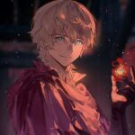  1boy black_gloves blonde_hair blue_eyes blurry blurry_background closed_mouth collared_shirt embers final_fantasy final_fantasy_xvi fire flame gloves hair_between_eyes joshua_rosfield light_smile looking_at_viewer male_focus messy_hair neckerchief pudding49500 red_neckerchief shirt short_hair solo upper_body 