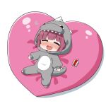  1girl :d alcohol alcohol_carton blunt_bangs blush bocchi_the_rock! carton chibi closed_eyes dinosaur_costume drunk fang grey_hoodie heart heart_pillow highres hiroi_kikuri hood hoodie lying pillow purple_hair smile solo umedoufu 