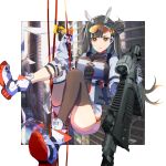  1girl absurdres ammunition_pouch brown_hair colored_shoe_soles earpiece girls&#039;_frontline girls&#039;_frontline_2:_exilium gun hair_ornament highres holding holding_gun holding_weapon horns knee_pads knees_together_feet_apart knife_sheath mechanical_horns orange_eyes pouch qbz-191 qbz-191_(girls&#039;_frontline) reraise rope safety_glasses sheath single_knee_pad single_thighhigh thighhighs weapon 
