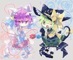  2girls adapted_costume ahoge animal_ears animal_hands animal_hat back_bow black_bow black_footwear black_gloves black_headwear blue_flower blue_ribbon blue_rose blue_shirt bow cat_ears cat_hat cat_tail chibi cropped_shirt fake_animal_ears fang floral_background flower frilled_sleeves frills full_body gloves green_eyes green_hair green_skirt grey_background hair_ribbon hand_up hat hat_bow heart heart_of_string highres komeiji_koishi komeiji_satori long_sleeves looking_at_viewer medium_hair midriff multiple_girls nikorashi-ka one_eye_closed paw_gloves paw_shoes pink_eyes pink_hair pink_skirt pumpkin_skirt ribbon rose shirt siblings sisters skirt tail tail_bow tail_ornament third_eye touhou white_footwear white_ribbon wide_sleeves yellow_bow yellow_shirt 