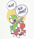  2023 anthro dialogue duo edtropolis feet gesture green_yoshi half-closed_eyes hi_res looking_at_another looking_back looking_back_at_another looking_up mario_bros narrowed_eyes nintendo nude open_mouth pointing red_yoshi shell signature sitting sitting_on_another speech_bubble super_mario_bros_wonder teeth text toes tongue yoshi 