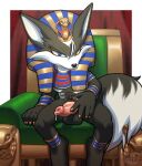  4_fingers anthro balls black_balls black_body black_ears black_fur black_tail blue_eyes canid canine canis clothing egyptian_clothing egyptian_headdress erection fingers fur genitals heterochromia hi_res infinite_(sonic) jackal knot looking_at_viewer male mammal nowykowski7 penis sega sitting solo sonic_forces sonic_the_hedgehog_(series) tail 