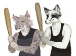  2022 ambiguous_gender anthro baseball_bat bat_(object) canid canine cettus clothed clothing duo felid feline female fox fur grey_body grey_fur holding_baseball_bat holding_object lynx male mammal pose shirt simple_background smile tank_top topwear white_background white_body white_fur wood 