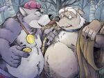  2023 anthro badger belly big_belly bound canid canine canis clothing detailed_background disney duo friar_tuck hat headgear headwear hi_res humanoid_hands k-9 male male/male mammal moobs mustelid musteline nipples outside overweight overweight_male plant robin_hood_(disney) sheriff_of_nottingham tree wolf 