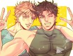 2016 2boys battle_tendency blonde_hair brown_hair caesar_anthonio_zeppeli charai_(withoutyou222) commentary_request dated double_v facial_mark green_eyes grin jojo_no_kimyou_na_bouken joseph_joestar joseph_joestar_(young) looking_at_viewer male_focus multiple_boys muscular muscular_male one_eye_closed pectorals shirt short_hair smile v 