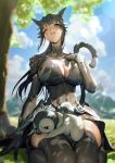  1girl animal_ears bird black_gloves black_hair blurry blurry_background boots breasts cat_ears cat_tail cleavage commission covered_navel day earrings final_fantasy final_fantasy_xiv gloves green_eyes highres hip_armor huge_breasts jewelry kionaoki kneeling long_hair miqo&#039;te one_eye_closed outdoors penguin slit_pupils solo sweat tail thigh_boots warrior_of_light_(ff14) 