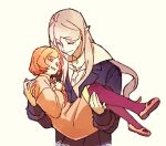  1boy 1girl ^_^ black_jacket bram_stoker_(bungou_stray_dogs) brown_coat brown_footwear bungou_stray_dogs carrying closed_eyes closed_mouth coat collared_shirt grey_hair hair_ornament hairclip hands_up jacket koda_aya_(bungou_stray_dogs) long_hair long_sleeves orange_hair pointy_ears princess_carry rinu scar scar_on_cheek scar_on_face shirt shoes short_hair simple_background smile white_background white_shirt 