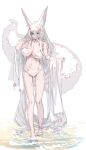  1girl absurdly_long_hair animal_ear_fluff animal_ears bare_shoulders barefoot bikini breasts cleavage closed_mouth collarbone commentary_request flower fox_ears fox_girl fox_tail full_body grey_eyes groin hair_between_eyes hair_flower hair_ornament highres large_breasts long_hair looking_at_viewer navel original see-through shallow_water simple_background solo standing swimsuit tail very_long_hair water white_background white_bikini white_flower white_hair yuuji_(yukimimi) 