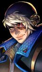  1girl absurdres apex_legends bangs black_background black_headwear black_jacket collared_shirt deep_current_wattson eyepatch freckles grey_hair grey_shirt highres jacket jelart official_alternate_costume one_eye_covered portrait scar scar_on_cheek scar_on_face shirt smile solo wattson_(apex_legends) yellow_eyes 