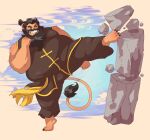  absurd_res action_pose anthro asian_clothing beard belly big_arms big_legs big_moobs breaking_concrete brown_hair catfolk chinese_clothing clothing concrete docdraw_(artist) east_asian_clothing facial_hair felid fur hair hasbro hi_res huge_belly kick koto_(yissnakkjr) leonin lion magic:_the_gathering male mammal moobs pantherine plantigrade ponytail pose pubes raised_leg slightly_chubby solo strongfat tail teeth thick_thighs wizards_of_the_coast 