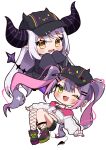  2girls :d absurdres asymmetrical_footwear baseball_cap bibi_(tokoyami_towa) blush boots chibi coat demon_girl demon_tail ear_piercing fang full_body green_eyes grey_hair hat heart heart-shaped_pupils highres hololive horns jacket la+_darknesss la+_darknesss_(1st_costume) long_hair long_sleeves mashiro_io mismatched_footwear multiple_girls one_eye_closed open_mouth piercing pointy_ears purple_hair purple_thighhighs simple_background single_thighhigh skin_fang sleeves_past_fingers sleeves_past_wrists smile striped_horns symbol-shaped_pupils tail thighhighs tokoyami_towa tokoyami_towa_(1st_costume) twintails virtual_youtuber white_background white_jacket yellow_eyes 