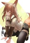  1girl absurdres animal_ear_fluff animal_ears arknights black_pantyhose black_shorts boots brown_footwear brown_hair brown_jacket brown_shirt closed_mouth fox_ears fox_girl fox_tail franka_(arknights) franka_(rainforest_me_rainbow)_(arknights) highres jacket keychain liskarm_(arknights) long_hair official_alternate_costume open_clothes open_jacket pantyhose shirt shorts smile solo sora_mame_(princess_0sora) tail yellow_eyes 