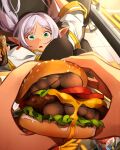  1girl burger elf feet food food_on_foot foot_focus foreshortening frieren green_eyes grey_hair highres khyle. long_hair looking_at_viewer open_mouth pantyhose pointy_ears pov pov_hands solo_focus sousou_no_frieren toes twintails 