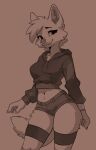  anthro azoomer biped bottomwear canid canine clothed clothing female fur hoodie hotpants mammal minishorts shorts smile solo topwear 