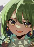  1girl absurdres brown_eyes close-up commentary_request earrings green_hair highres idolmaster idolmaster_shiny_colors jewelry looking_at_viewer nanakusa_nichika open_mouth portrait saito_katuo simple_background solo sweatdrop swept_bangs upper_body 