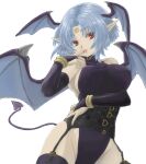  1girl blue_hair breasts chickenkue demon_tail demon_wings facial_mark fake_tail filia_(star_ocean) forehead_mark halloween_costume head_wings jewelry large_breasts lipstick looking_at_viewer makeup nail_polish pointy_ears red_eyes short_hair simple_background solo star_ocean star_ocean_the_second_story tail thighhighs white_background wings 