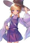  1girl :/ absurdres blonde_hair blush breasts cowboy_shot hair_ribbon hand_on_own_hip hand_up hat highres leste_(humansequencer) moriya_suwako purple_eyes purple_skirt ribbon short_hair_with_long_locks simple_background skirt skirt_set small_breasts solo thighhighs touhou vest white_background wide_sleeves 