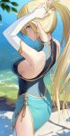  1girl absurdres aqua_eyes blonde_hair breasts bridal_gauntlets dress elf from_behind highres long_hair looking_back may9 medium_breasts nape original pointy_ears ponytail short_dress side_slit sideboob solo tying_hair 