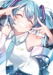  1girl armpits black_skirt black_sleeves blue_hair blue_nails blue_necktie detached_sleeves double_v hatsune_miku highres long_hair necktie ryota_(ry_o_ta) shirt skirt sleeveless sleeveless_shirt smile solo sparkle twintails v very_long_hair vocaloid white_background white_shirt 