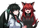  2girls :3 :d alternate_hairstyle animal_ear_fluff animal_ears bird_wings black_eyes black_hair black_wings blush bow braid breasts cat_ears cat_tail chest_jewel closed_mouth dress extra_ears eyebrows_hidden_by_hair fangs formicid green_bow green_dress grey_dress hair_bow hair_down hair_over_eyes hair_ribbon hairstyle_switch juliet_sleeves kaenbyou_rin large_breasts long_hair long_sleeves looking_at_viewer looking_to_the_side medium_breasts multiple_girls multiple_tails nekomata open_mouth puffy_sleeves red_eyes red_hair reiuji_utsuho ribbon simple_background smile straight-on tail tongue touhou tress_ribbon twin_braids two_tails v_arms very_long_hair white_background wings 