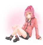  1girl 3-nyan absurdres black_footwear black_shorts blush boots character_name full_body hair_ornament high_side_ponytail highres hinamori_amu jacket long_sleeves looking_at_viewer pink_background pink_hair red_jacket shorts shugo_chara! sitting solo white_background x_hair_ornament yellow_eyes 