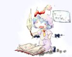  1girl =_= blue_hair blush_stickers book bow closed_eyes commentary holding holding_pen open_book open_mouth pen red_bow remilia_scarlet short_hair short_sleeves simple_background sitting solo symbol-only_commentary touhou translation_request white_background wings yaise 