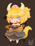  1girl armlet artist_name black_dress black_footwear blonde_hair blue_eyes bowsette bracelet breasts breathing_fire butapoko chibi collar commentary crown dress eyelashes fire full_body grin highres horns jewelry large_breasts mario_(series) new_super_mario_bros._u_deluxe pointy_ears ponytail sharp_teeth smile spiked_armlet spiked_bracelet spiked_collar spiked_shell spiked_tail spikes super_crown tail teeth turtle_shell 